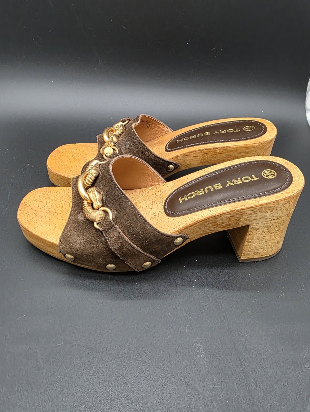 Tory Burch Women's Jessa High Heel Clog Sandals featuring a rich brown suede sz7